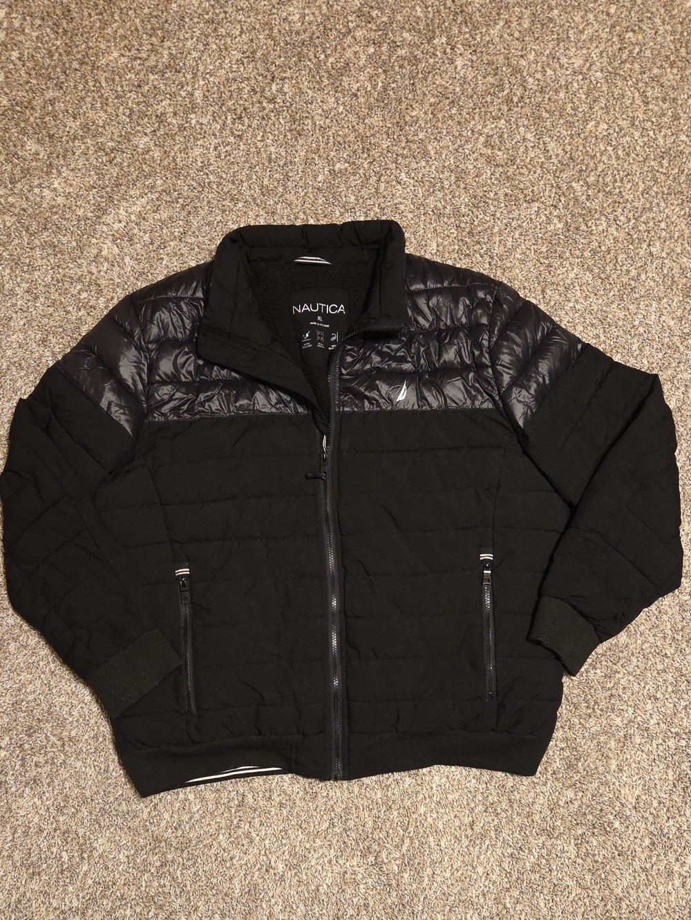 NAUTICA Black Quilted Hybrid Puffer Bomber Jacket
